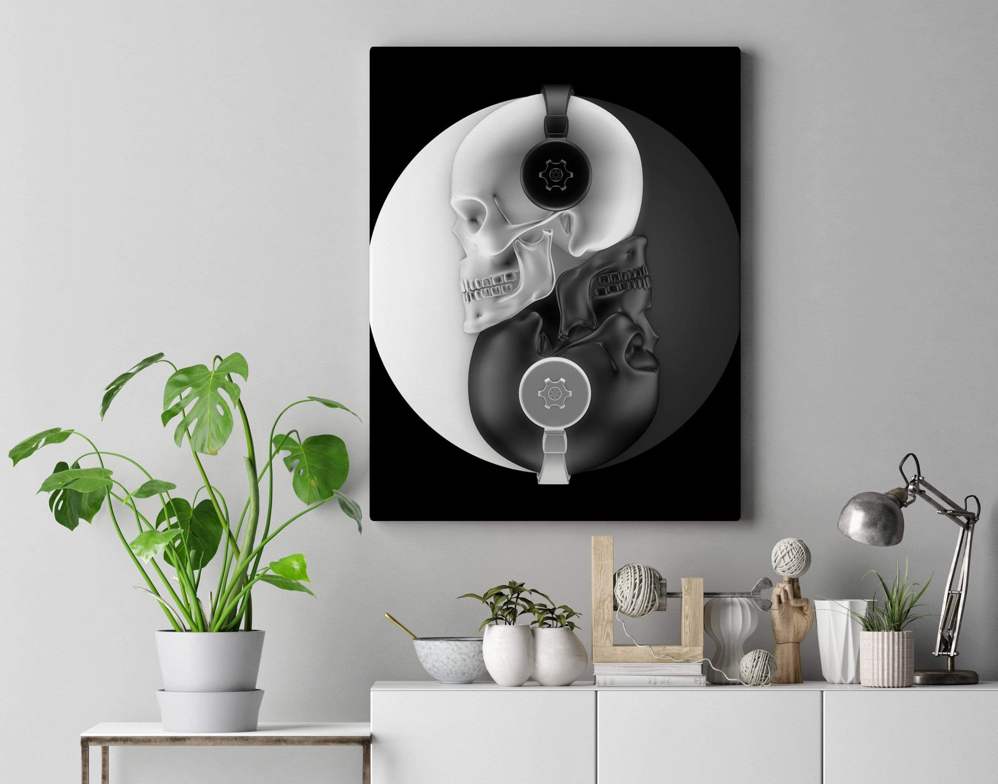 black and white skull painting